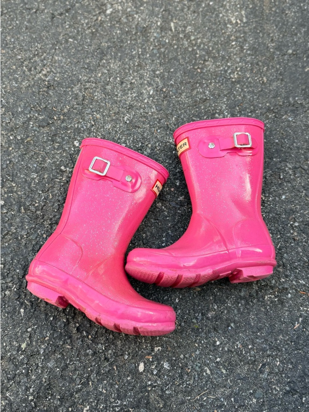 Hunter Bright Pink Glitter Kids Rain Boots